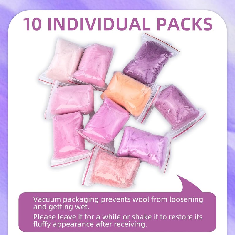 Flylin Needle Felting Wool, 10 Colors Wool Roving Yarn for Beginners and Wet Felting, 10g/Colour Fibre Wool Roving for DIY Craft/Spinning/Wall Hangings/Tapestry (Pink Series) - Image 3